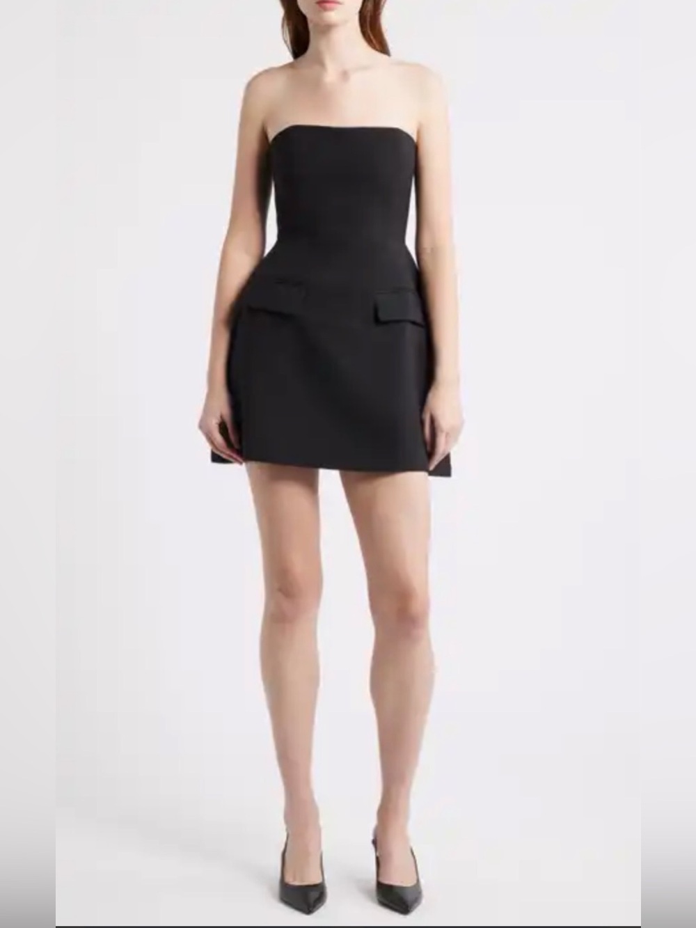 COMMENSE NWT Black Strapless Tube Mini Dress Flap Pockets LBD Sz M
